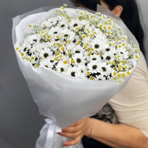 Букет "Понарошку" из хризантем сантини и ромашек в Егорьевске