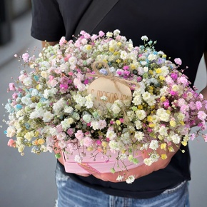 Композиция в коробке сердца из радужных гипсофил с топпером в Егорьевске