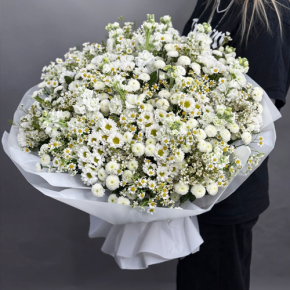 Букет "Эдем" из хризантем, маттиол и ромашек в Егорьевске