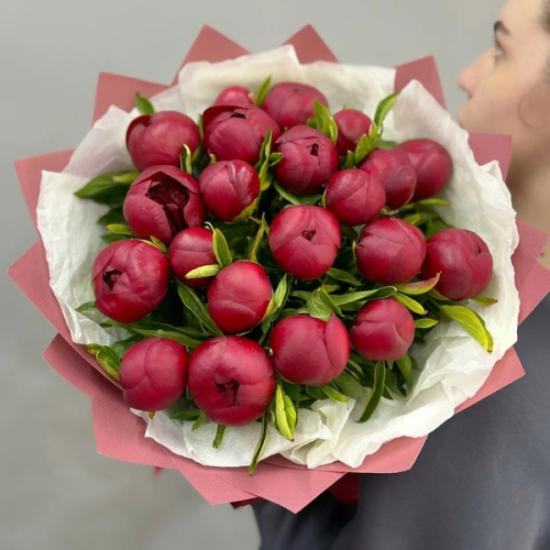 Букет из бордовых пионов Ред Шарм ( 21 шт) в Егорьевске